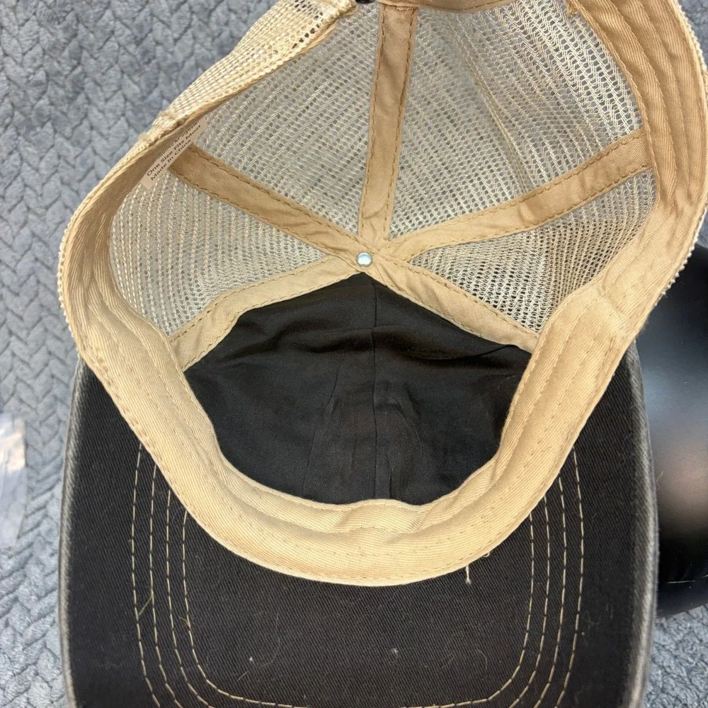 Adult Supervision Required Distressed Trucker Hat Washed Black Tan Mesh Cap